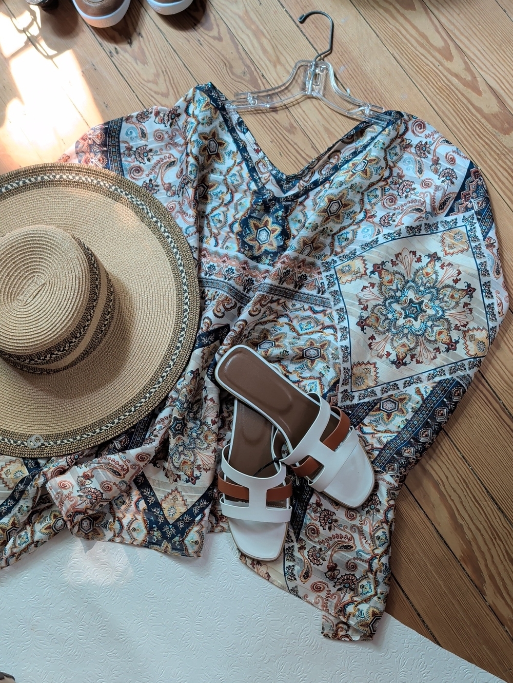 Cato Boho Tile-Print V-Neck Tunic in Cream, Brown and Black
